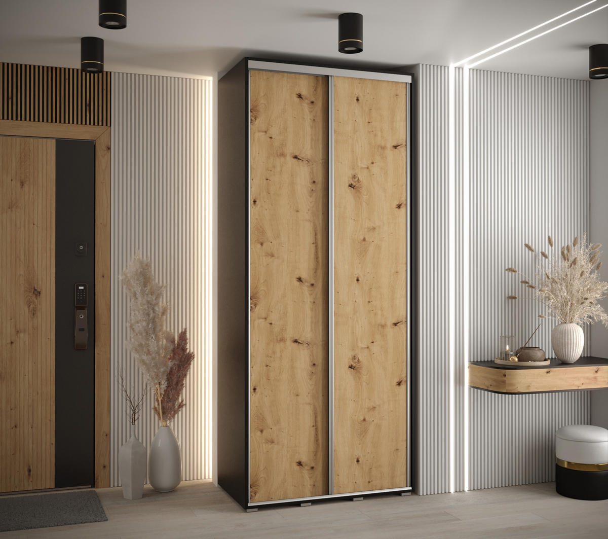 SCHWEBETÜRENSCHRANK 235,2/120/45 2-türig - Silberfarben/Schwarz, Holz/Metall (120/235/45cm) - Abiks Möbel