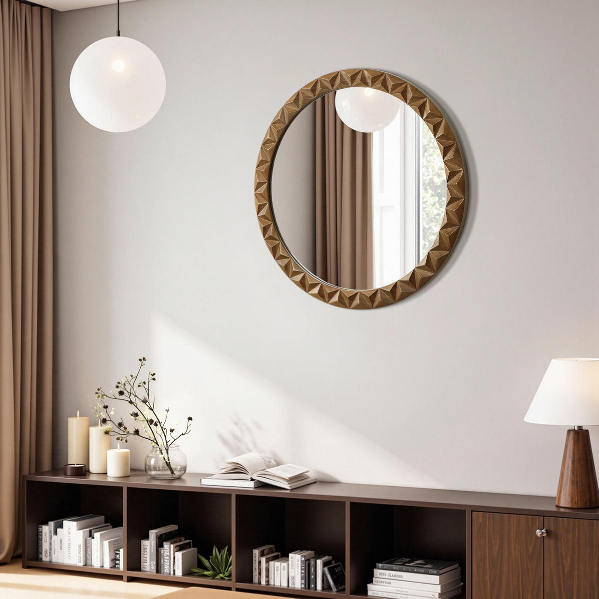 52CM H Runder Wandspiegel mit Kiefernholzrahmen, Geeignet für Badezimmer, Wohnzimmer und Schlafzimmer - Dunkelbraun, Glas/Holz (52/3.5/52cm) - Hometopia