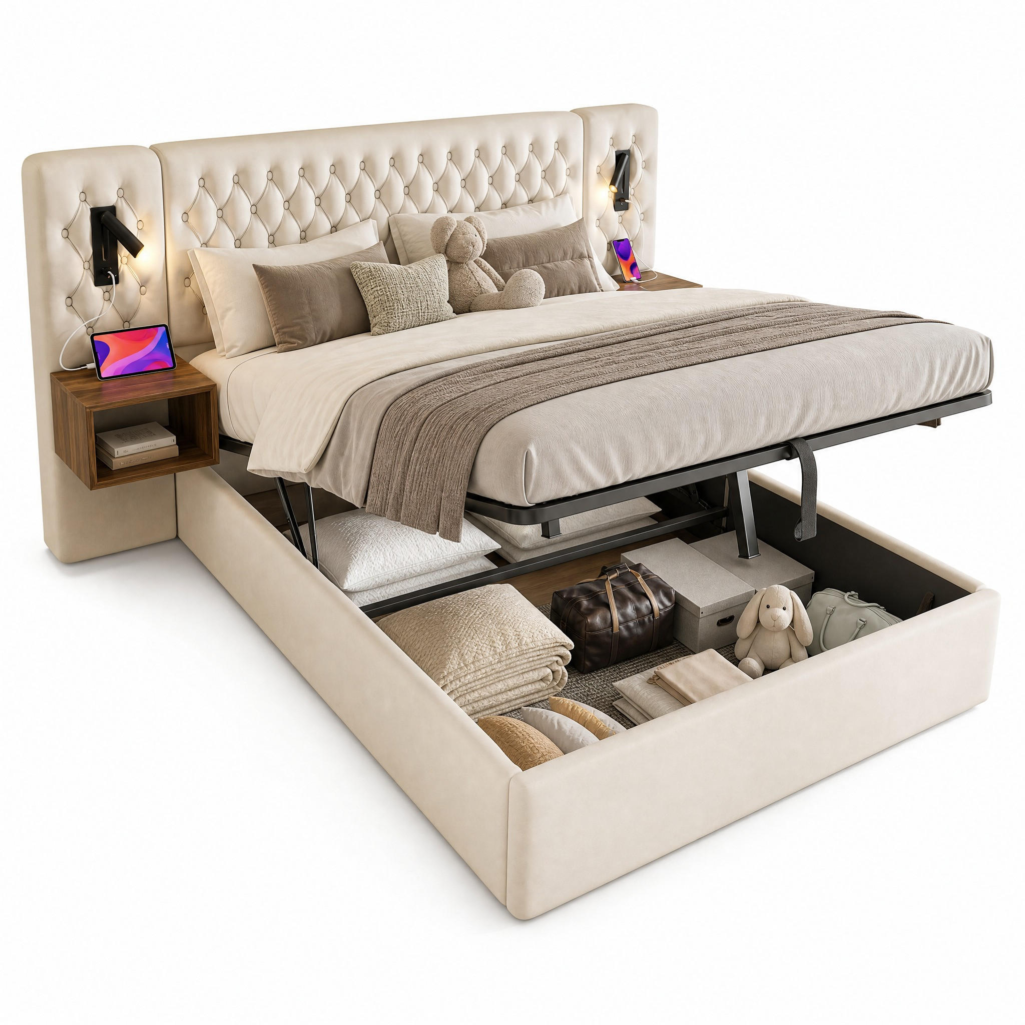 BETTANLAGE 160/200 cm in Beige mit Bettkasten, 2 Nachttischen, USB, Type-C und Leselampen Samt Retro-Design - Beige, Holzwerkstoff/Textil (160/200cm) - STILVORA