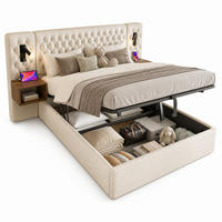 BETTANLAGE 160/200 cm in Beige mit Bettkasten, 2 Nachttischen, USB, Type-C und Leselampen Samt Retro-Design - Beige, Holzwerkstoff/Textil (160/200cm) - STILVORA