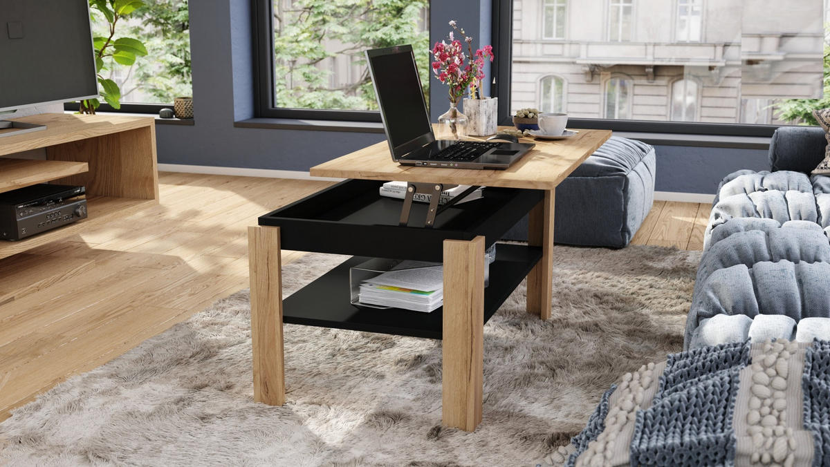 COUCHTISCH rechteckig Eiche Gold Schwarz höhenverstellbar 100/60/55 cm - Eichefarben/Schwarz, Holzwerkstoff (60/100/55cm) - designimpex