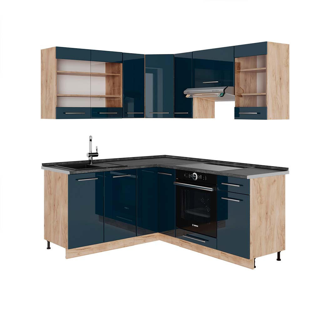 ECKKÜCHE Fame-Line Dunkelblau Hochglanz/Goldkraft Eiche 160x190 cm AP Anthrazit - Eiche Wotan/Dunkelblau, Holzwerkstoff (190/81.6/60cm) - Vicco