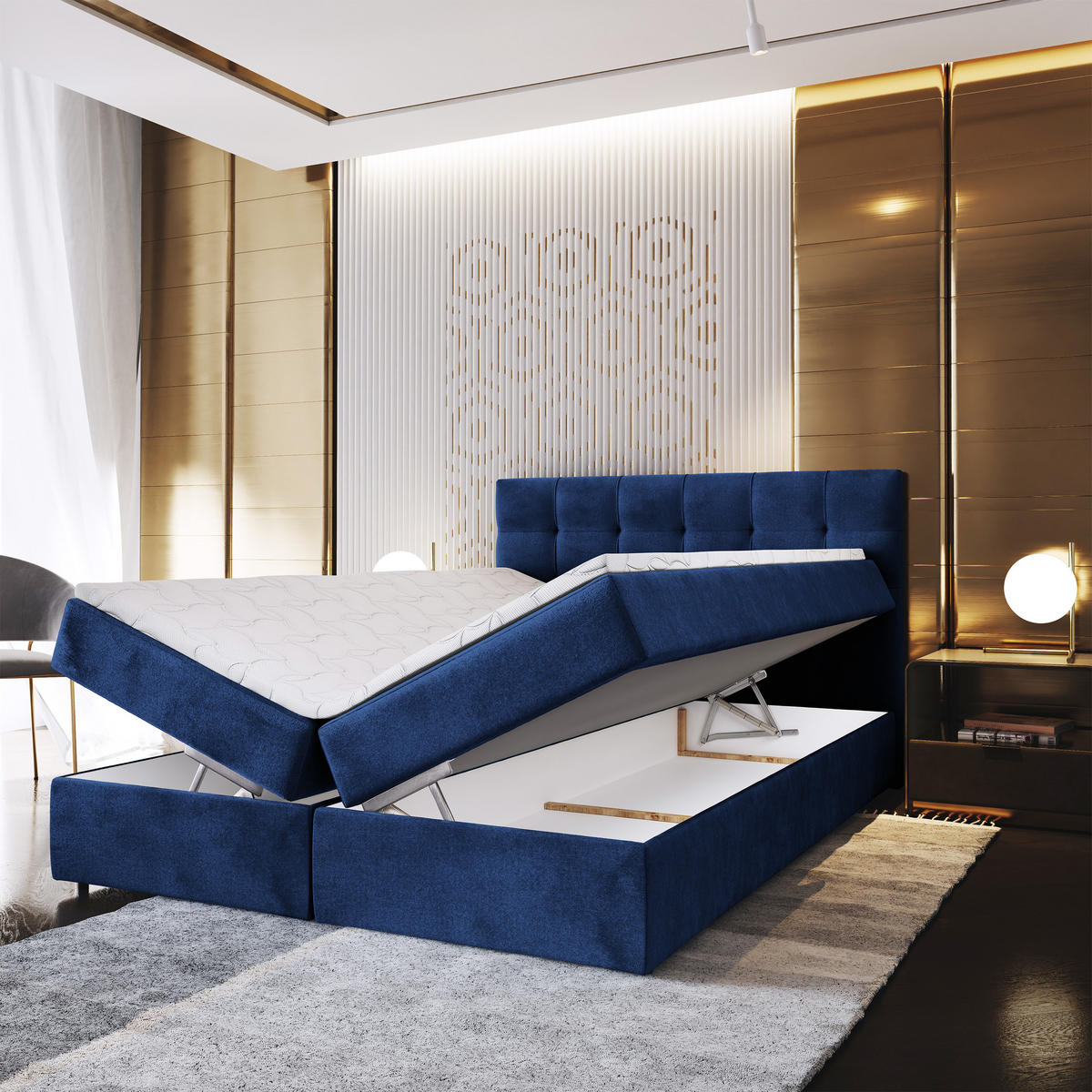 BOXBETT GLOS K 180x200 cm mit Matratze und Topper, H2+H3 - Blau - Blau, Holz (180/200cm) - MASSENO