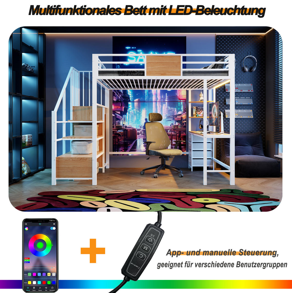 HOCHBETT 140/200 cm mit Schreibtisch, Ablagefächern, Kleiderstange, LED-Beleuchtung und Steckdose, Weiß - Weiß, Metall (140/200cm) - Redom