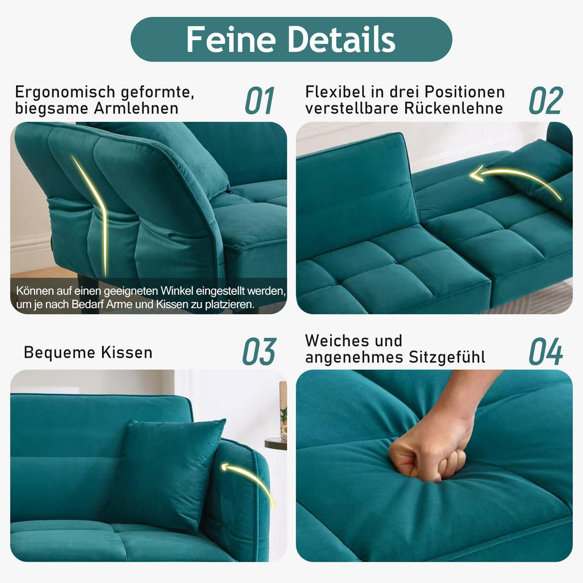 SCHLAFSOFA Samtbezug mit verstellbaren Rückenlehnen und klappbaren Armlehnen Antik Blaugrün 176/78/76 cm - Grün, Textil (78/76/176cm) - Redom