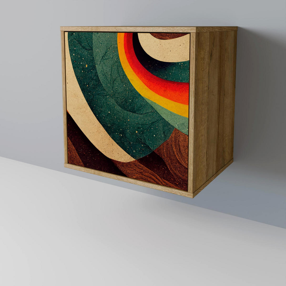 SIDEBOARD COLORFUL STRANDS, Eichefarben, 57,5x42x70,5 cm, Schwarze Metall-Sternfüße - Eichefarben/Multicolor, Holzwerkstoff/Metall (57.5/70.5/42cm) - SpaceRebels