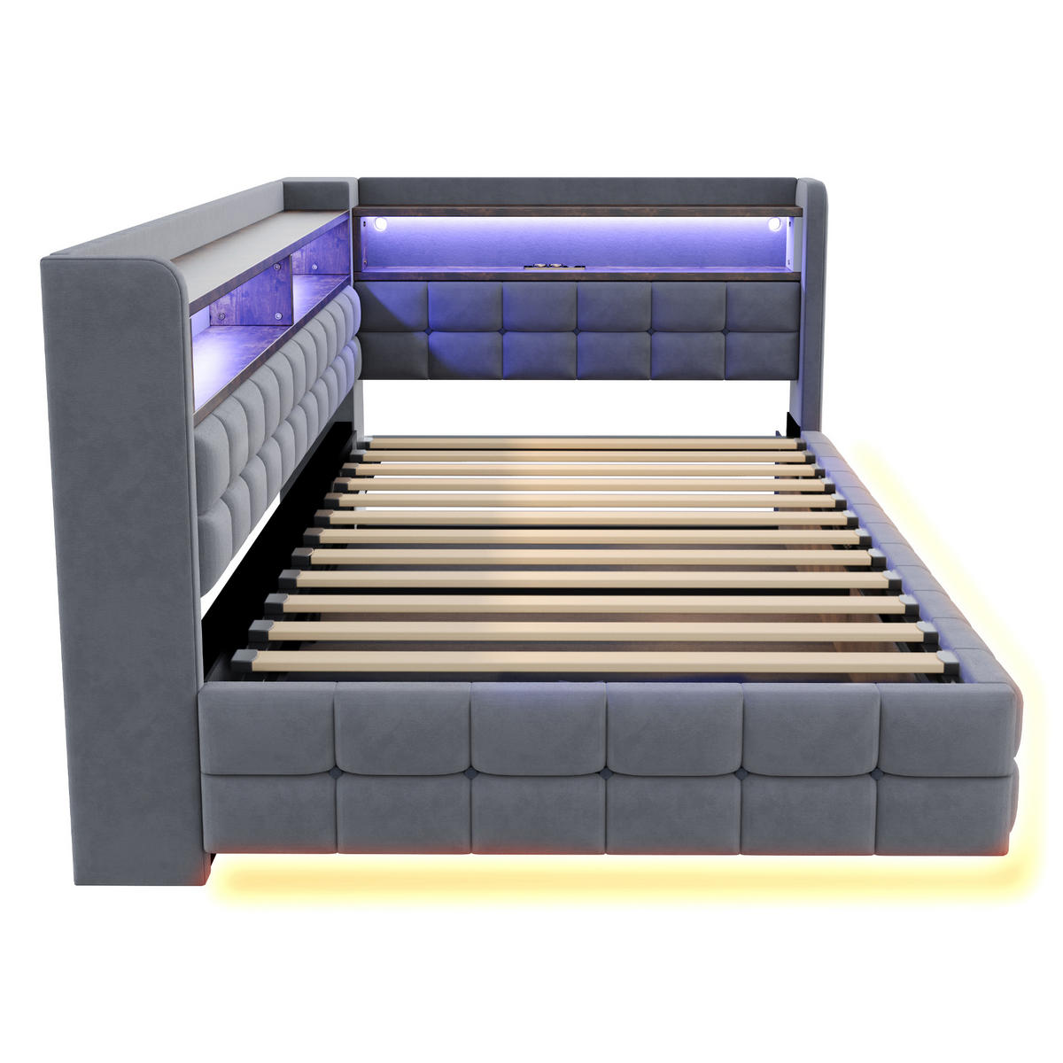 POLSTERBETT 90x200cm Schlafsofa LED Stauraum USB Samt Grau - Hellgrau, Textil (90/200cm) - FLIEKS