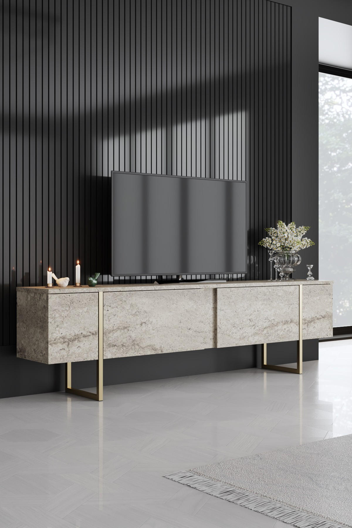 TV-MÖBEL Luxe Travertin-Gold - Beige/Goldfarben, Holz (180/50/30cm) - Habitat Garten