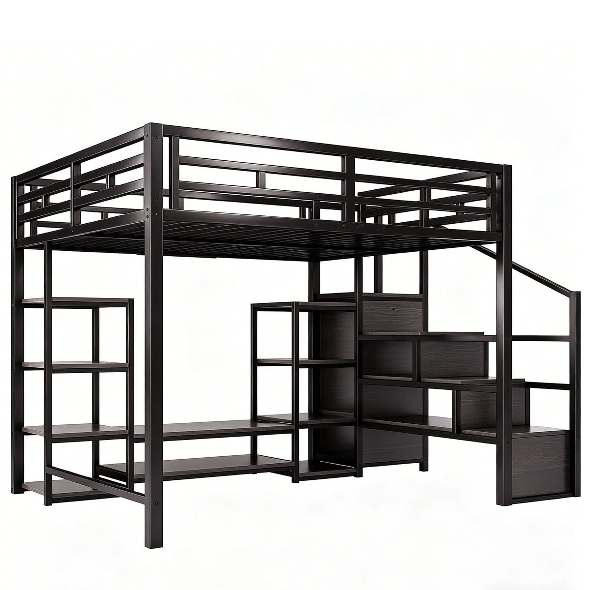 HOCHBETT Schwarz aus Metall-Holz-Kombination 140×200cm mit TV-Ständer, Steckdose und Sicherheitsleiter - Schwarz, Metall (140/200cm) - Luhomfu