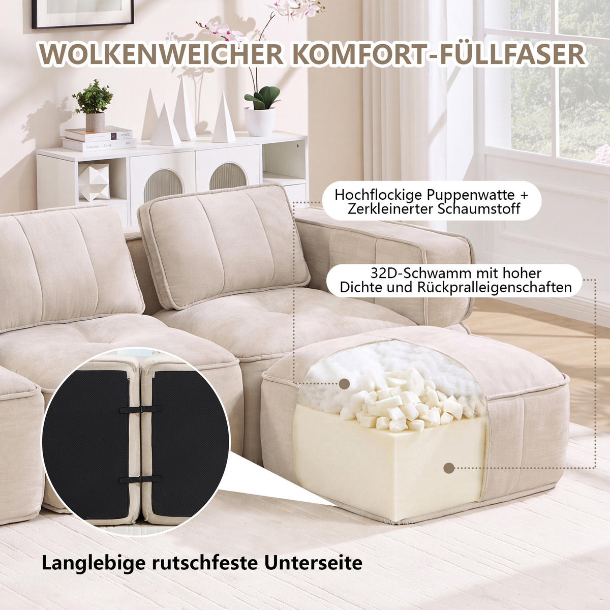 2-SITZER-SOFA DE-34428 modular mit 2 Hockern Beige - Beige, Textil (162/67/198cm) - ComfortXL