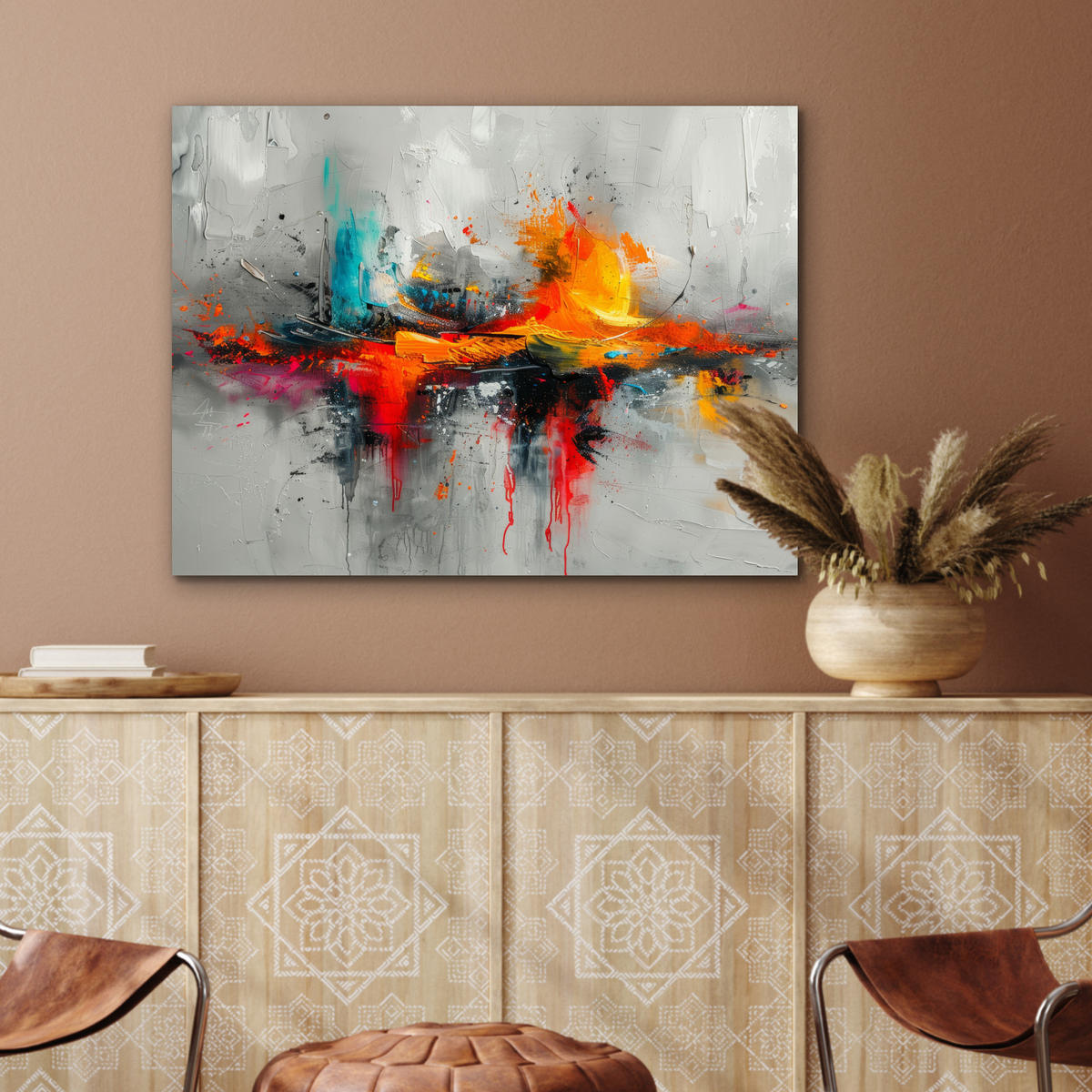KOVOVÝ OBRAZ Moderné umenie - Oranžová - Sivá - Abstraktné 80x60 cm - svetlosivá, kov (80/60cm) - MuchoWow