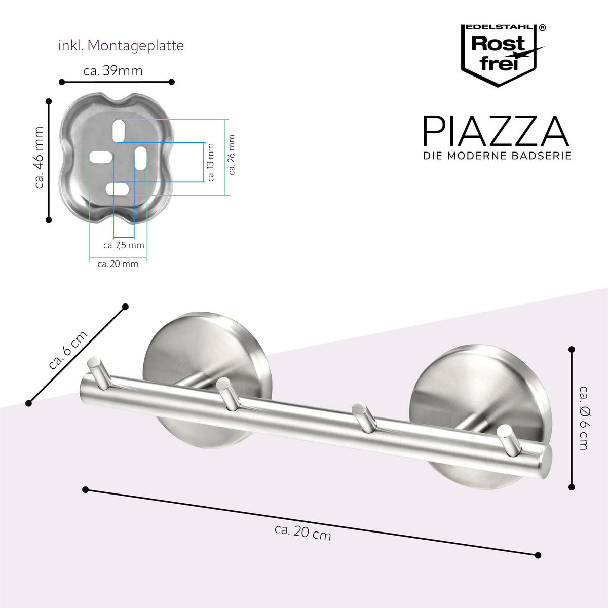 HAKENLEISTE PIAZZA, Edelstahl, matt - Edelstahlfarben, Metall (20/6/6cm) - bremermann