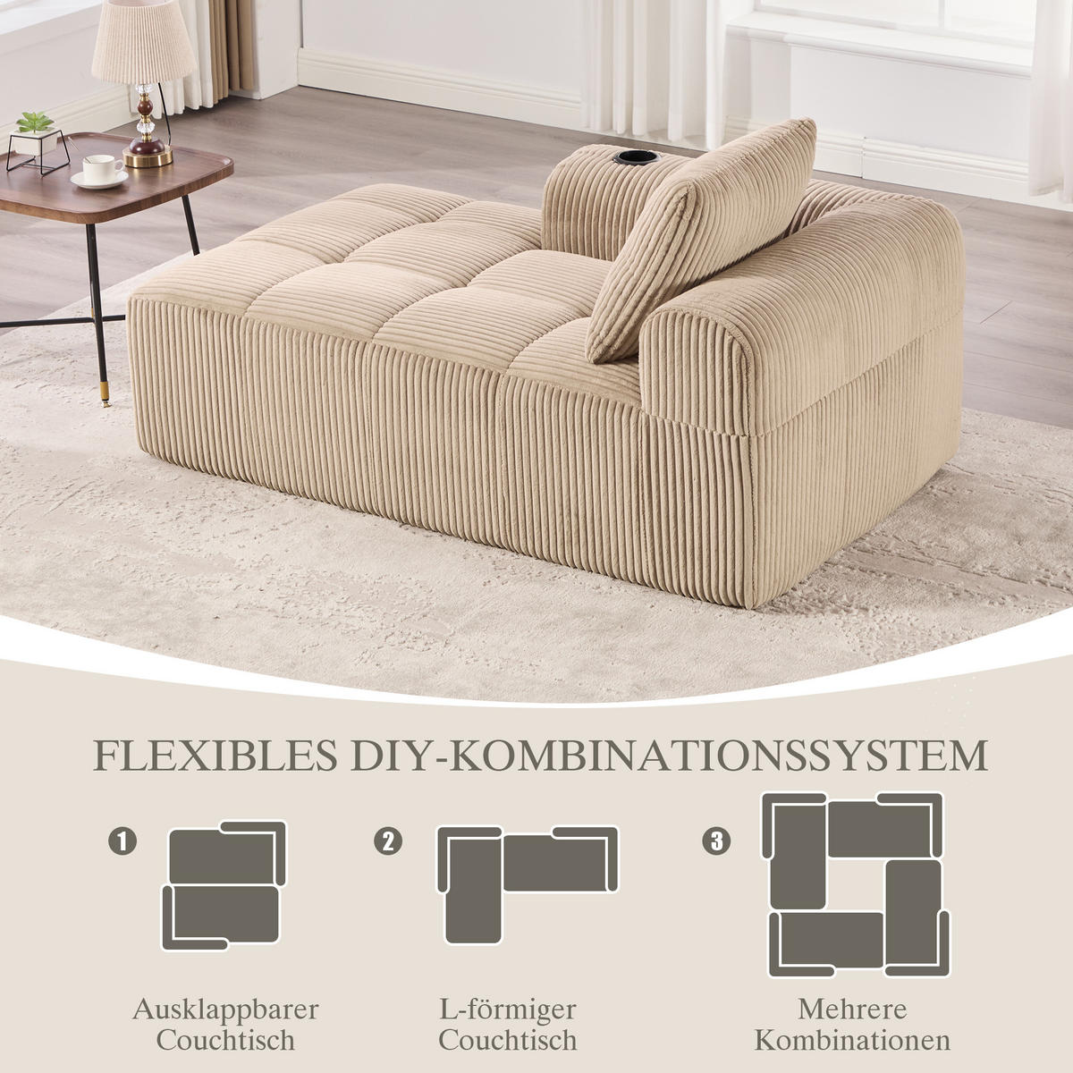 CHAISELONGUE in Cord (158 cm) mit Getränkehalter & Seitentaschen - Taupe, Textil (158/61/93cm) - Urban Meuble