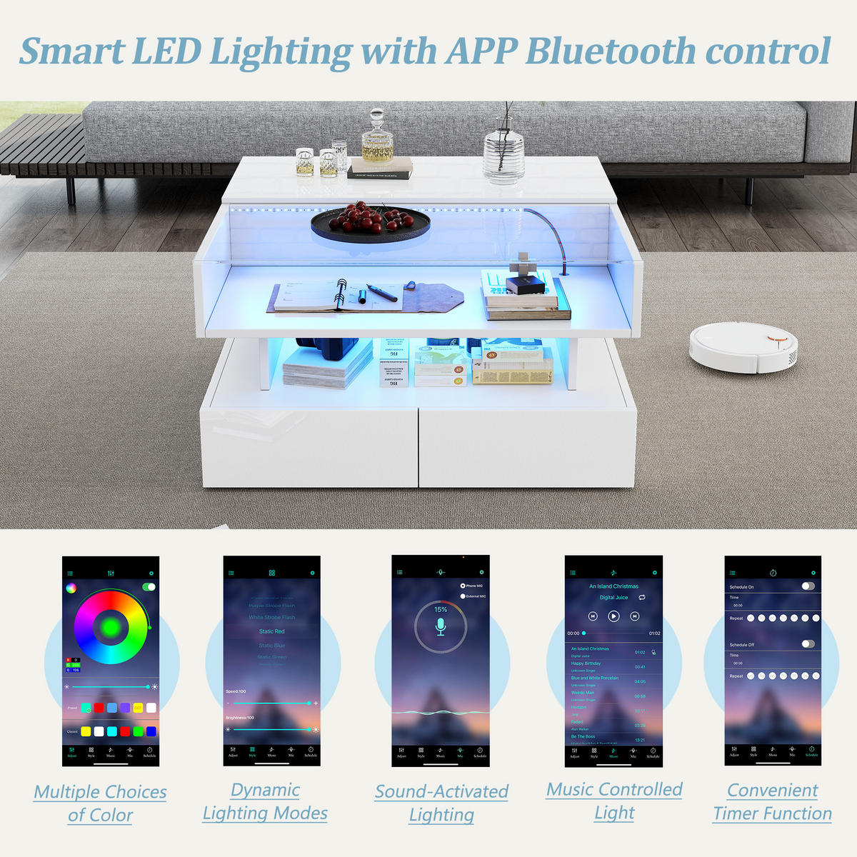COUCHTISCH Weiß 80/80/45 cm mit Hubfunktion, LED, Glas-Element und Schubladen - Weiß, Holzwerkstoff (80/80/45cm) - PANGIVO