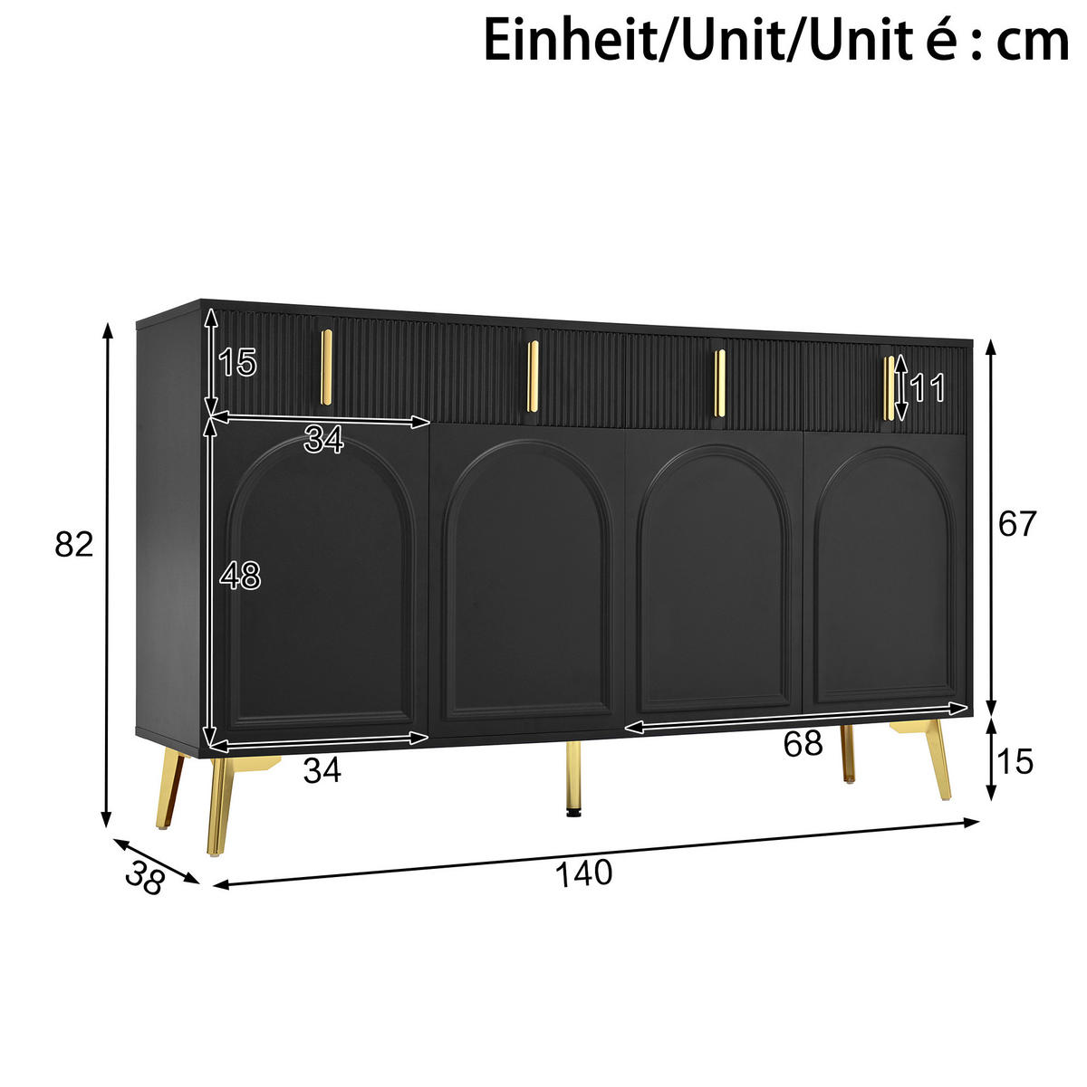 SIDEBOARD mit 4 Türen und 4 Schubladen 140 x 38 x 82 cm Schwarz - Schwarz, Holzwerkstoff (140/82/38cm) - Meubliv