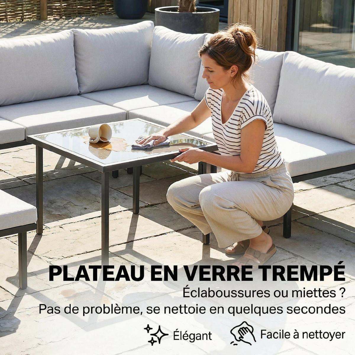 LOUNGEGARNITUR DE-13539 6-sitzig modulbar, mit Glastisch Hellgrau - Hellgrau, Metall - ComfortXL