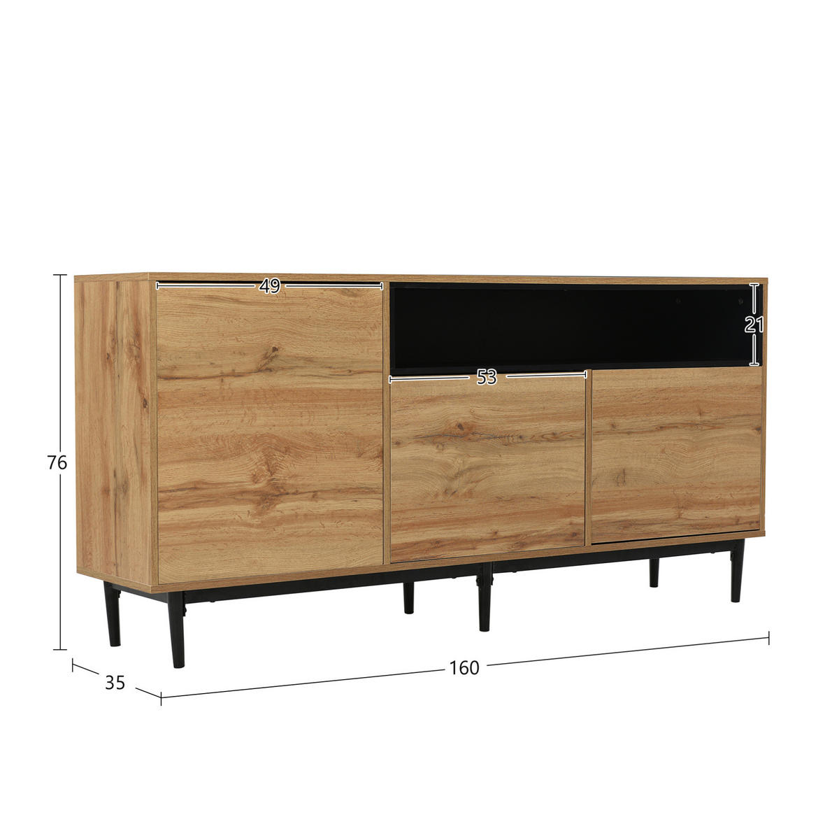 SIDEBOARD 160/35/76 cm mit 3 Türen in Schwarz/Holzfarben - Naturfarben, Holzwerkstoff (160/76/35cm) - BEAOK