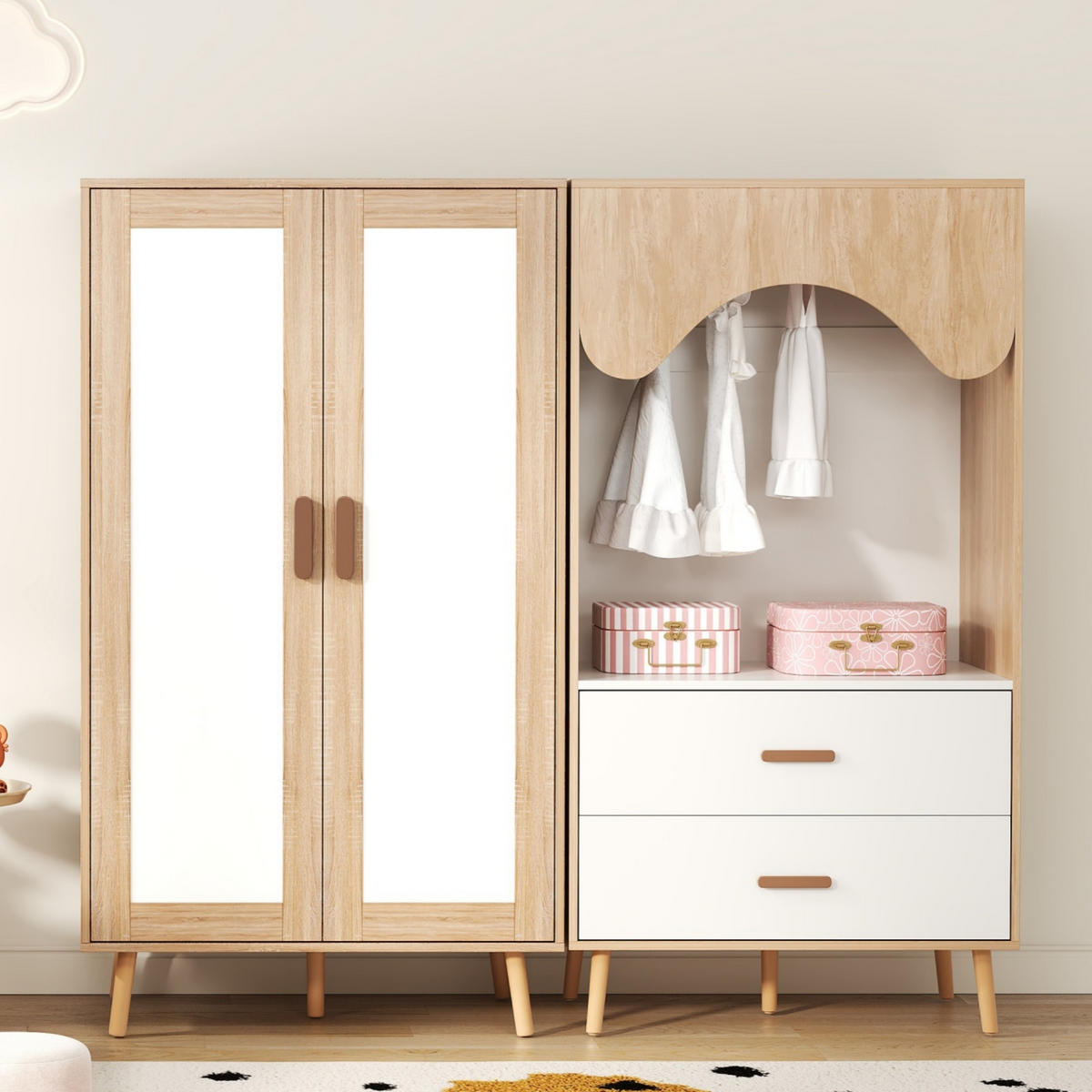 KLEIDERSCHRANK in Weiß & Naturholz-Optik Schrank-Set Schlafzimmermöbel mit Kleiderstange - Naturfarben/Weiß, Holzwerkstoff (160/141.5/46cm) - STILVORA