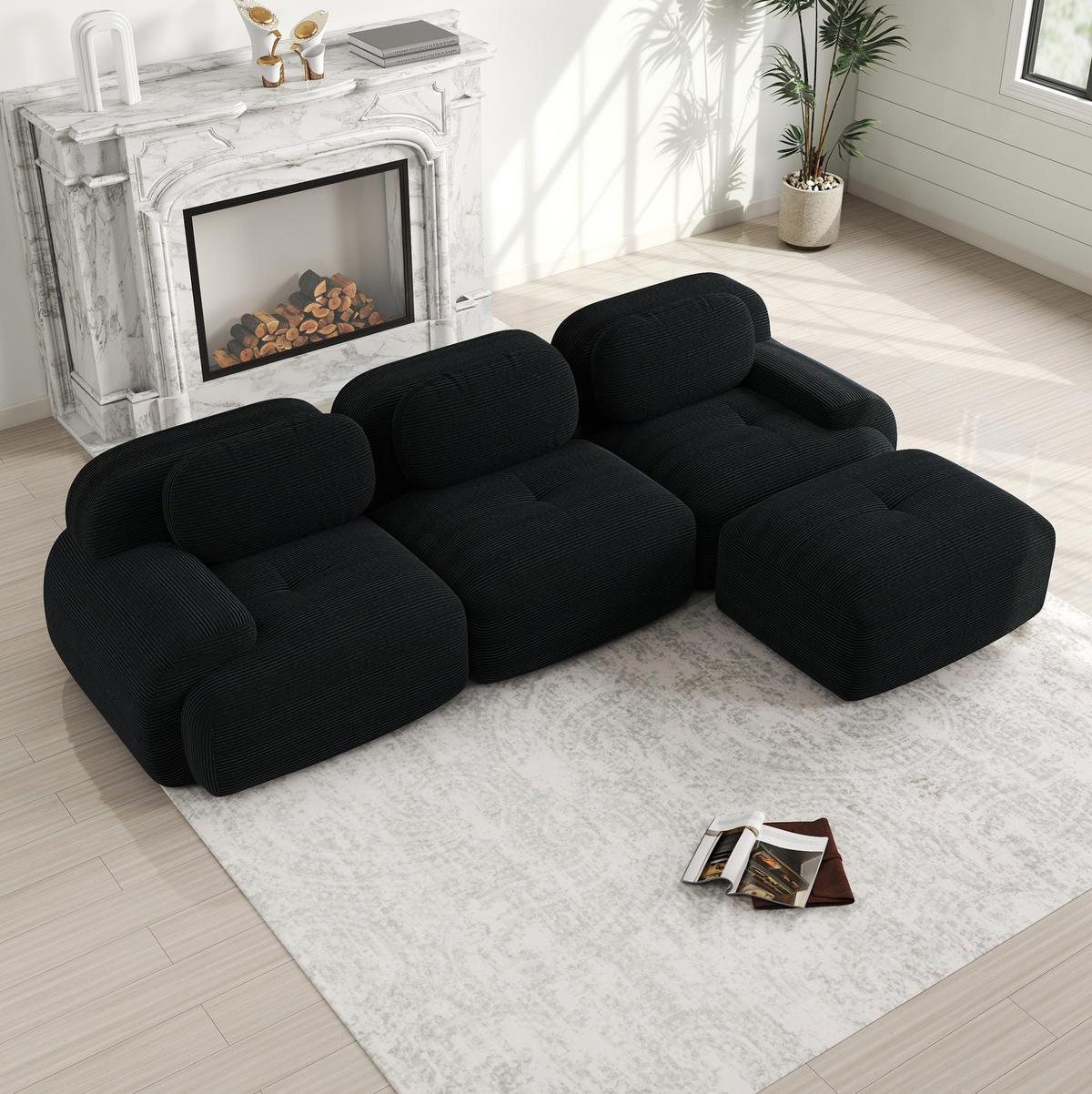 ECKSOFA in Schwarz aus Cord, modular, rahmenlos und montagefrei - Schwarz, Textil (178/298cm) - Flora Grace