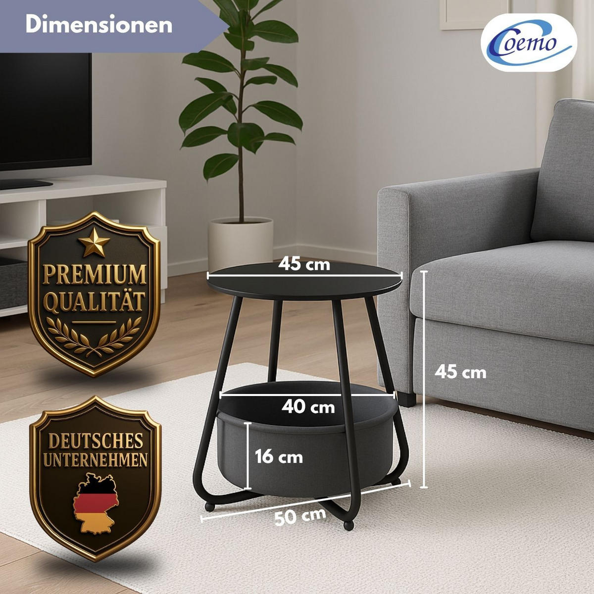 COUCHTISCH KOSI Metall mit Aufbewahrungskorb Canvas Schwarz - Schwarz, Metall (50/50/45cm) - Coemo