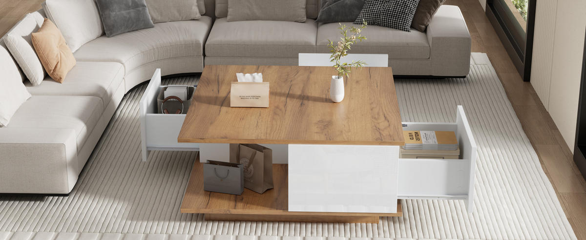 COUCHTISCH 70/70/31,5 cm Weiß walnussfarben aus Holzwerkstoff mit 3 Schubladen und Hochglanzfronten - Walnussfarben, Holzwerkstoff (70/70/31.5cm) - OKWISH
