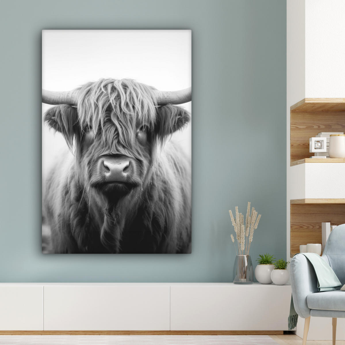LEINWANDBILD - Schottischer Highlander - Nebel - Schwarz - Weiß - 80x120 - Wanddeko - Grau, Textil (80/120cm) - MuchoWow