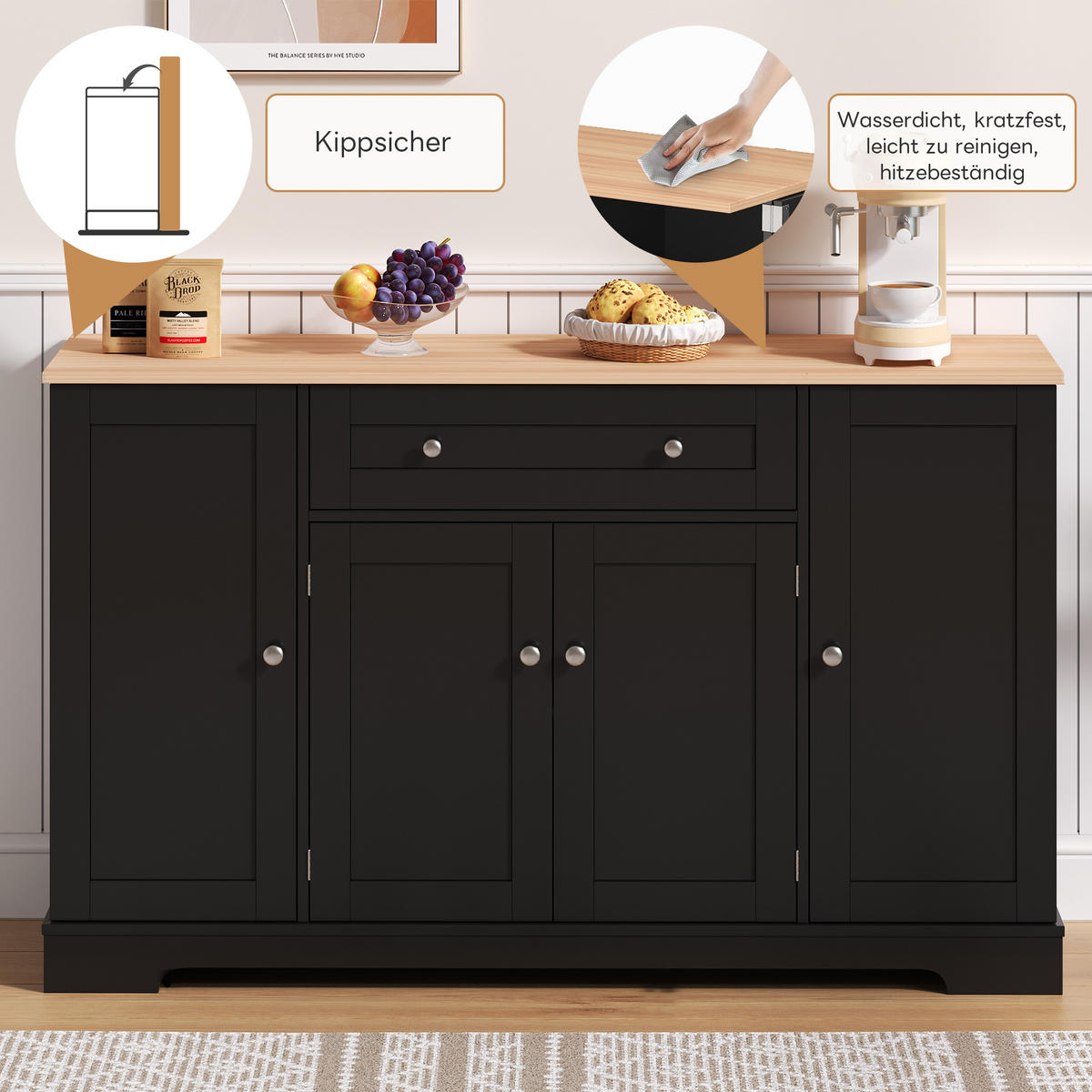 SIDEBOARD in Schwarz Küchenbuffet mit Regaltüren und Schublade für Küche und Wohnzimmer, B138/T40/H85 cm - Schwarz, Holzwerkstoff (138/85/40cm) - STILVORA