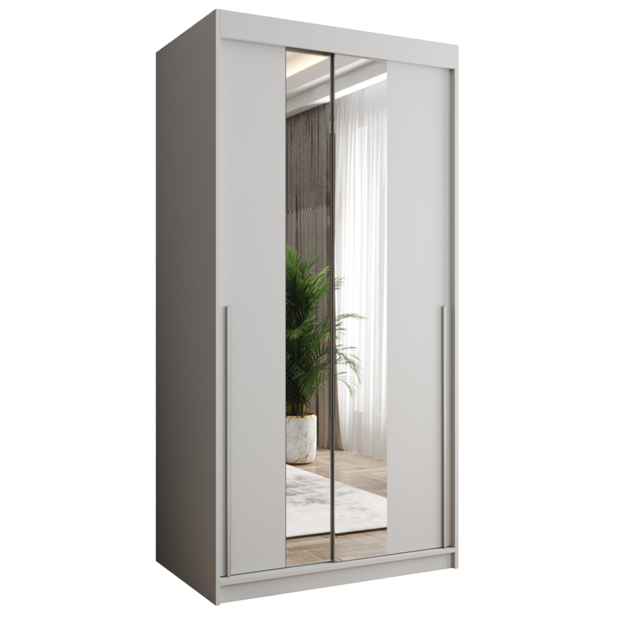 SCHIEBETÜRENSCHRANK mit Spiegel 100 cm Breite, Weiß mit silbernem Griff - Silberfarben/Weiß, Holzwerkstoff (100/200/62cm) - Home Collective