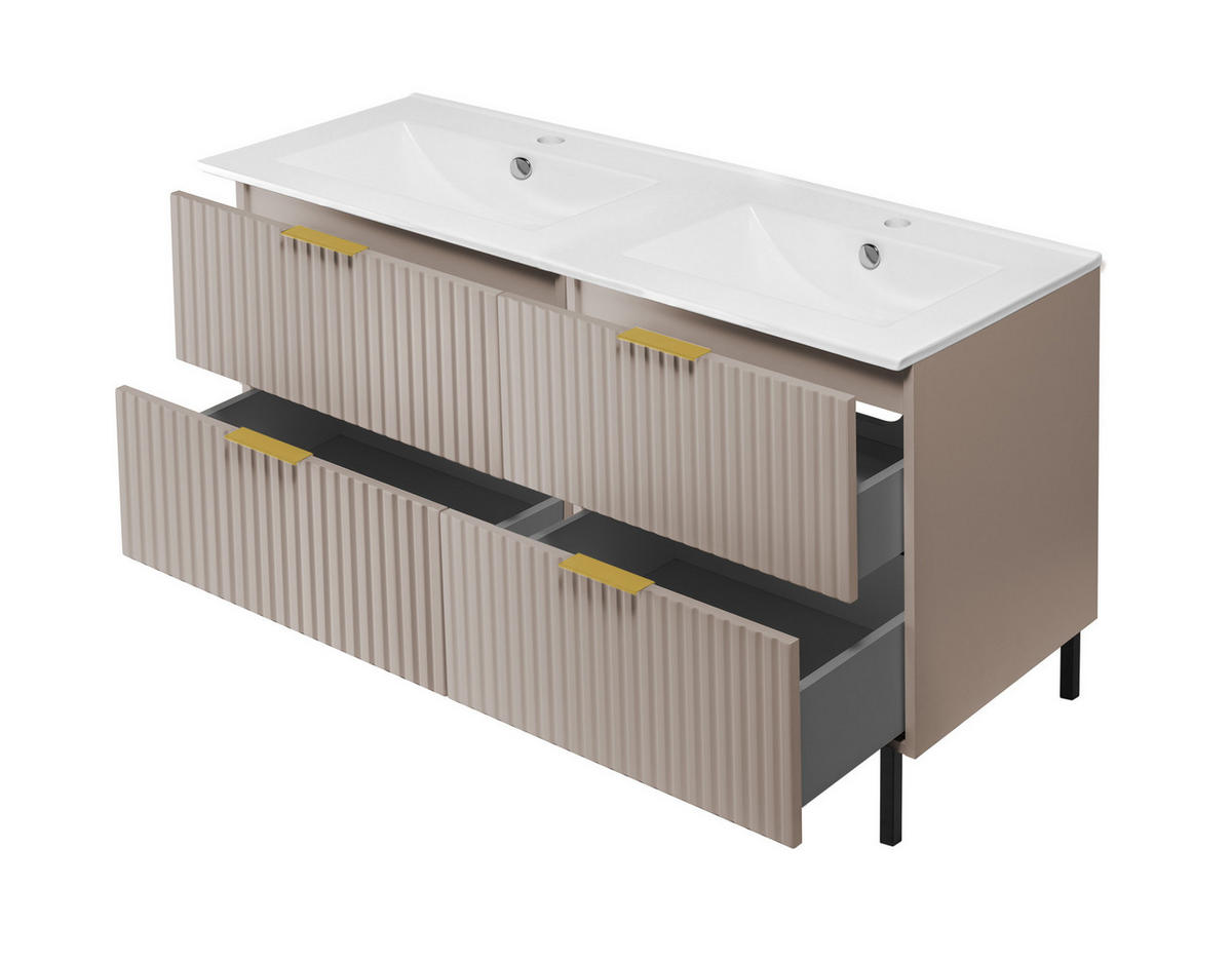 WASCHBECKUNTERSCHRANK, Kaschmir, 120 (2 x 60) x 77 x 46 cm, goldener Griff, schwarze Beine, ohne Top - Beige/Goldfarben, Holzwerkstoff (120/77/46cm) - 3XE LIVING