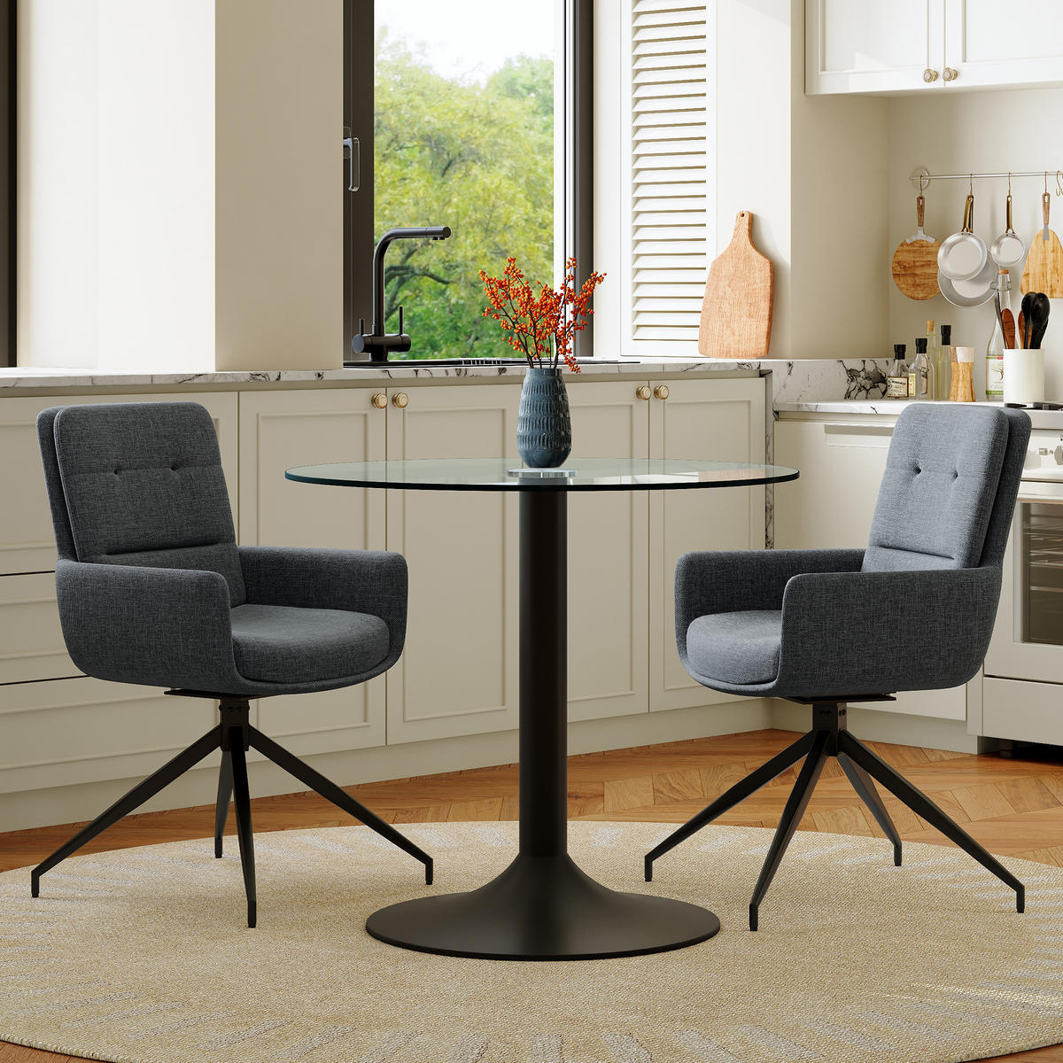 ESSGRUPPE DE-39489 3-teilig, Glastisch und 2 Drehstühlen mit Stoffbezug Dunkelgrau - Dunkelgrau, Metall (85/75/85cm) - ComfortXL