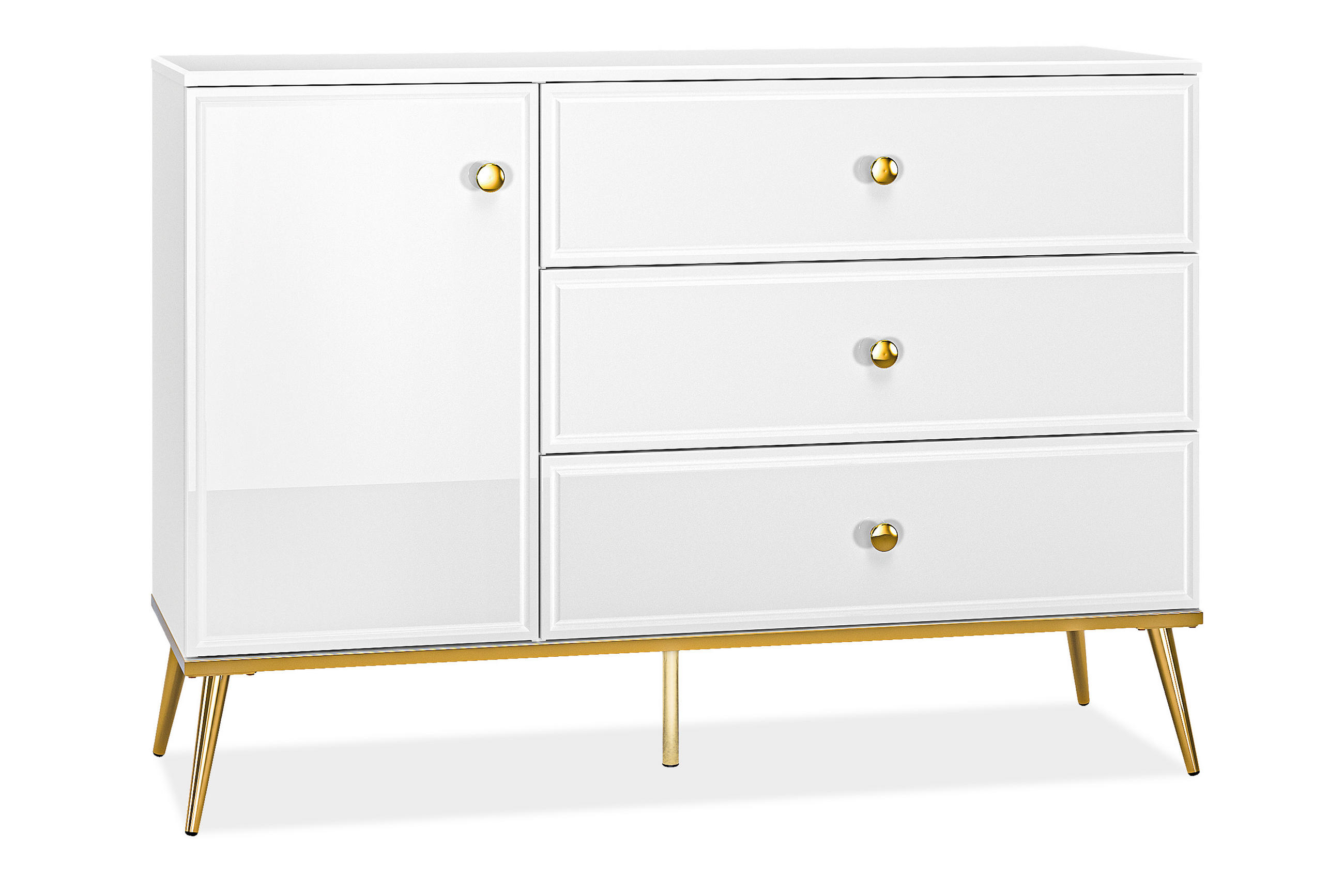 KOMMODE ISORIA auf hohen goldenen Beinen, Glas Weiß - Goldfarben/Weiß, Holz/Metall (120/85/40cm) - KONSIMO®