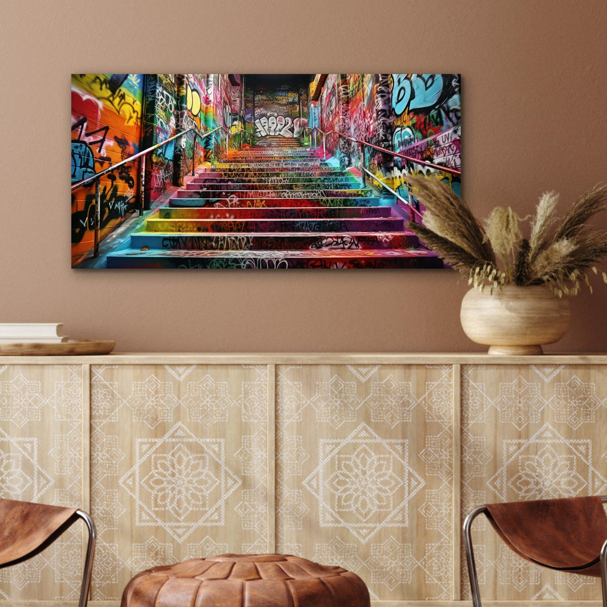 KOVOVÝ OBRAZ Schody - Graffiti - Farby - Umenie 80x40 cm - viacfarebná, kov (80/40cm) - MuchoWow
