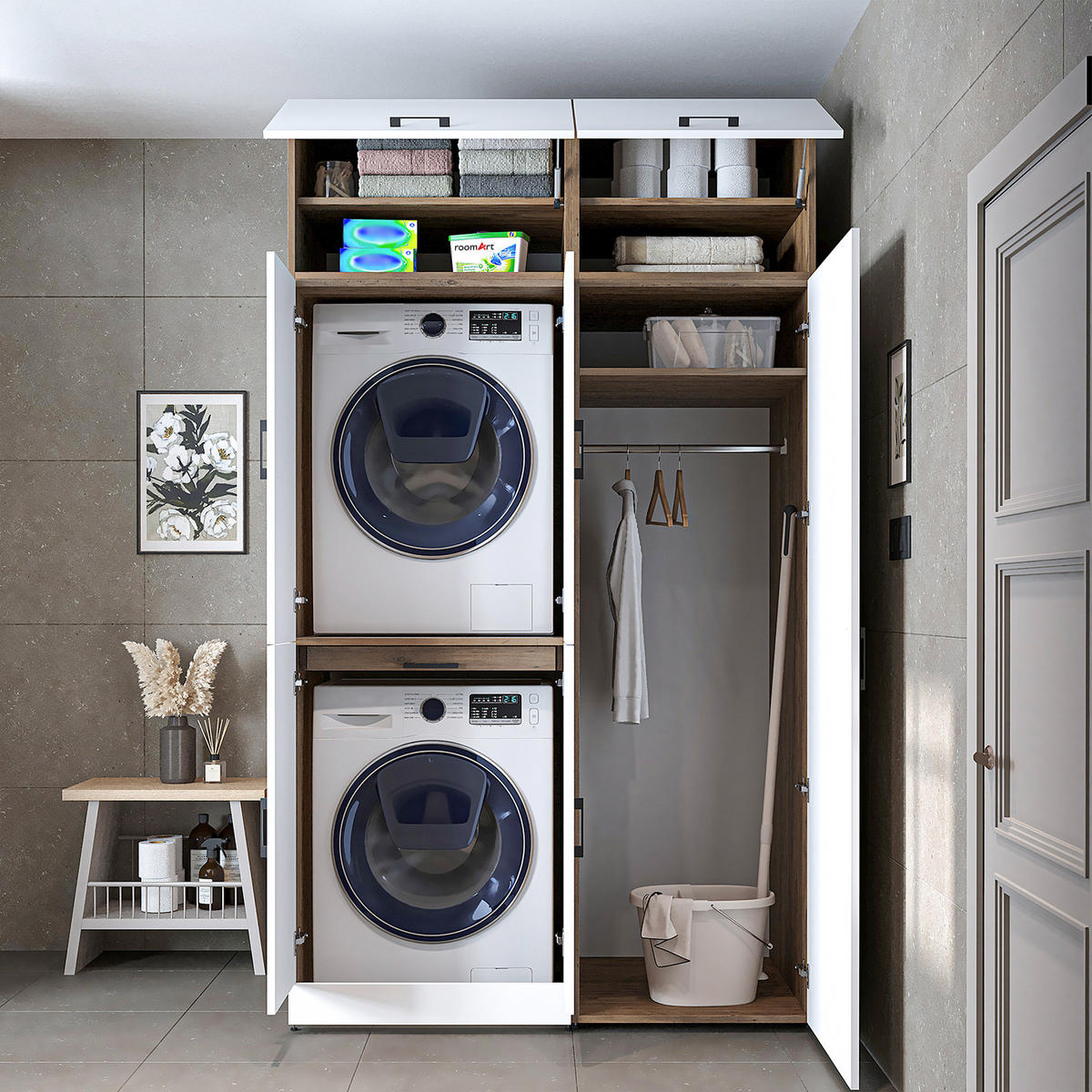 WASCHMASCHINENSCHRANK DORA-I 130cm Breit, 230cm Hoch - Eiche Bianco, Holzwerkstoff (130/230/73.8cm)