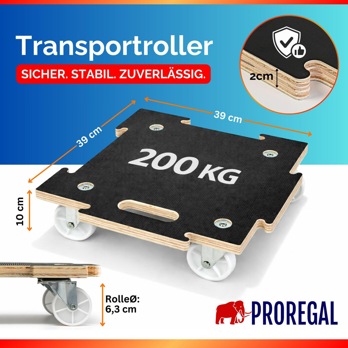 TRANSPORTROLLER 2er-Set Hercules modular 39x39 cm Traglast 200kg Siebdruck Holzplatte Schwarz - Schwarz, Metall (39/39/10cm) - PROREGAL