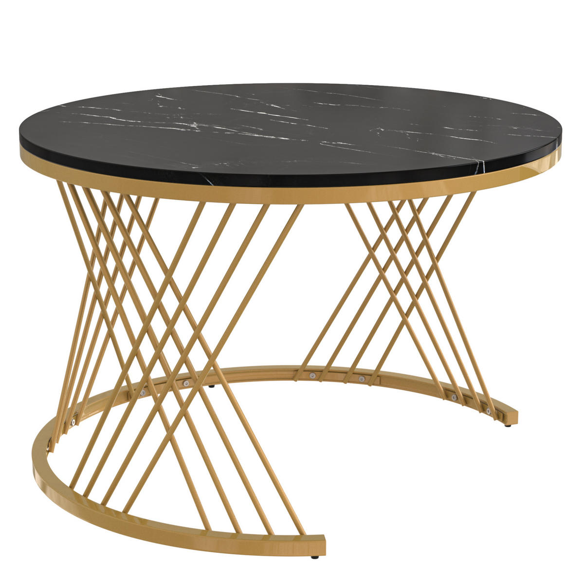 COUCHTISCH-SET 70/70/45,5 + 50/50/38,5 cm mit Schublade, Marmordekor und Rattanoptik, Schwarz/Gold - Schwarz, Holzwerkstoff (70/70/45.5cm) - Redom