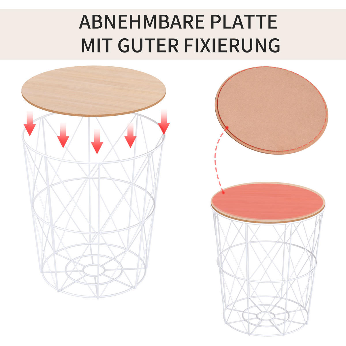 BEISTELLTISCH-SET, MDF Metall Weiß+Natur - Weiß, Kunststoff (40/40/45cm) - HOMCOM