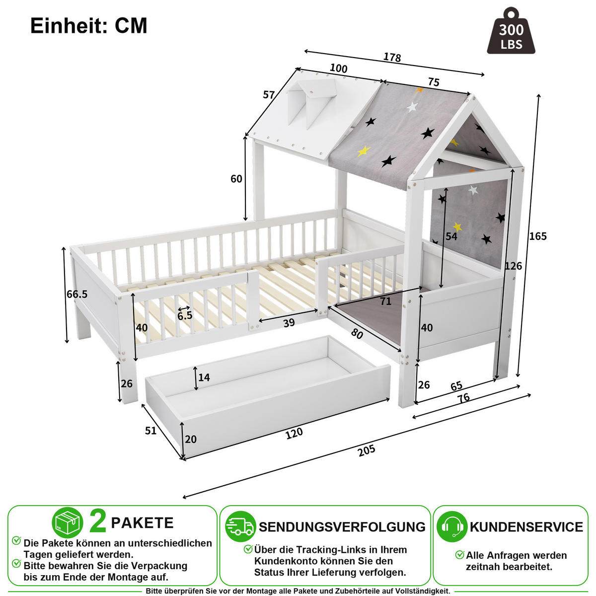 HAUSBETT 90/200 cm in Weiß mit Schubladen aus Massivholz - Weiß, Holz/Holzwerkstoff (90/200cm) - CHICFURN