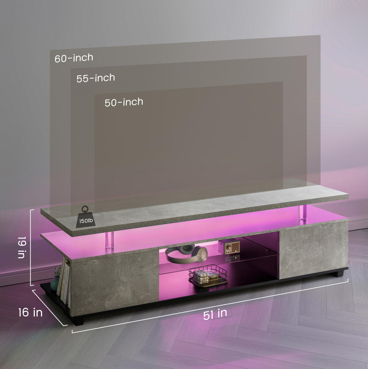 TV-BOARD 130/40/48 cm grau/schwarz aus Holzwerkstoff mit LED-Beleuchtung - Schwarz, Holzwerkstoff (130/48/40cm) - OKWISH