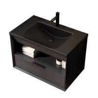 BADEZIMMERSCHRANK 74.5x46.5x51.5 cm Schwarz & Dunkle Eiche aus Keramik & Sperrholz - Schwarz, Keramik (74.5/51.5/46.5cm) - Modfu