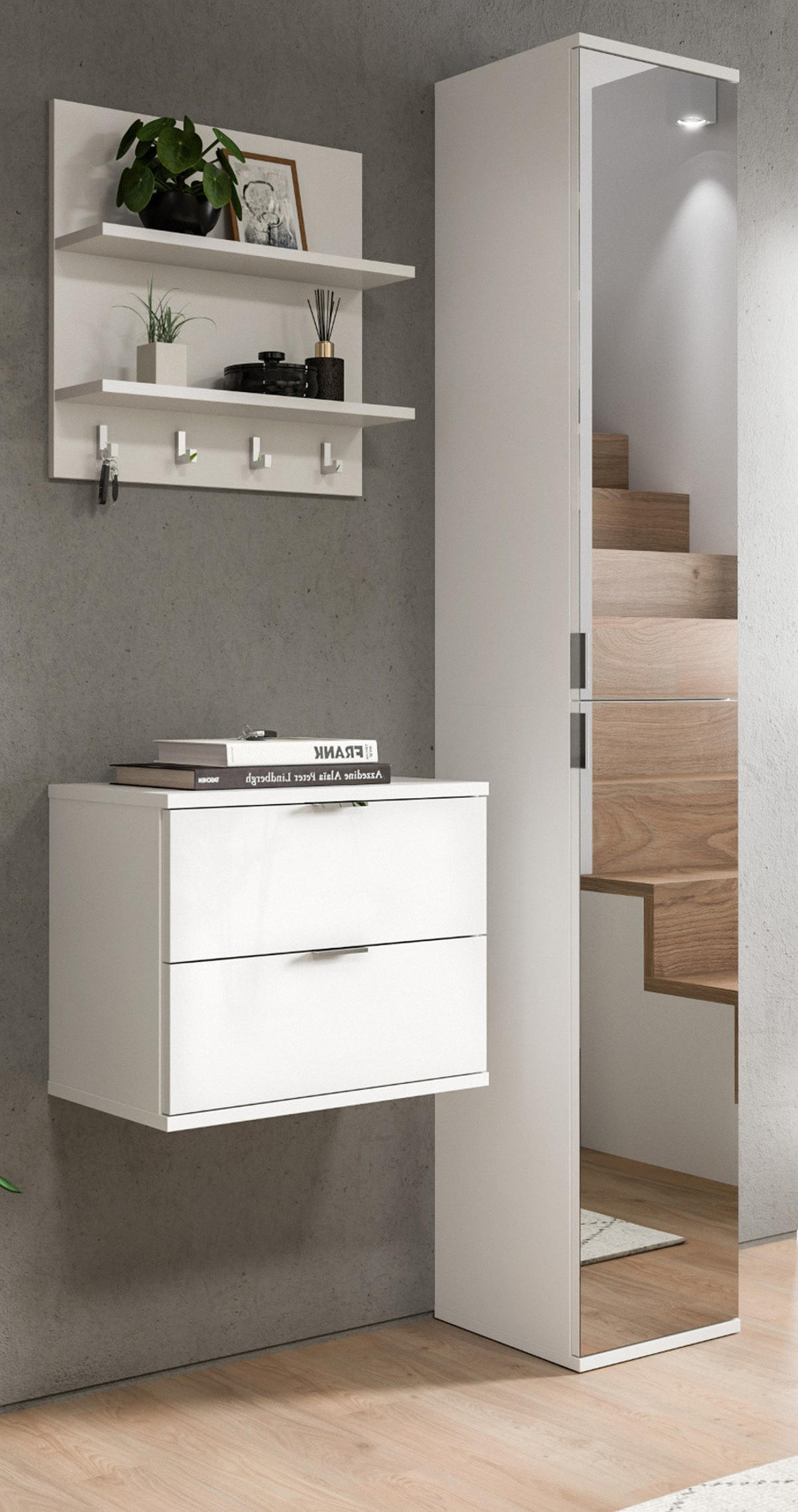 GARDEROBE Set 3-teilig weiß Hochglanz 97 cm, Komplettset mit Spiegel - Chromfarben/Weiß Hochglanz, Glas/Holzwerkstoff (97/193/34cm) - Inn.Furn