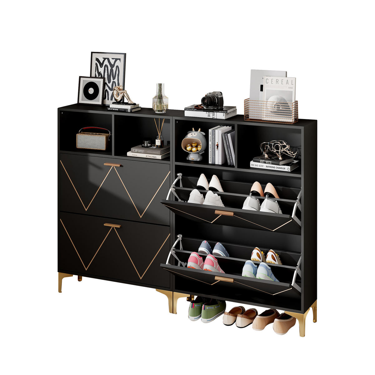 SCHUHSCHRANK 4 Klappen 8 Fächer MDF Metall Sideboard modern - Schwarz, Holzwerkstoff (25/117/160cm) - FLIEKS