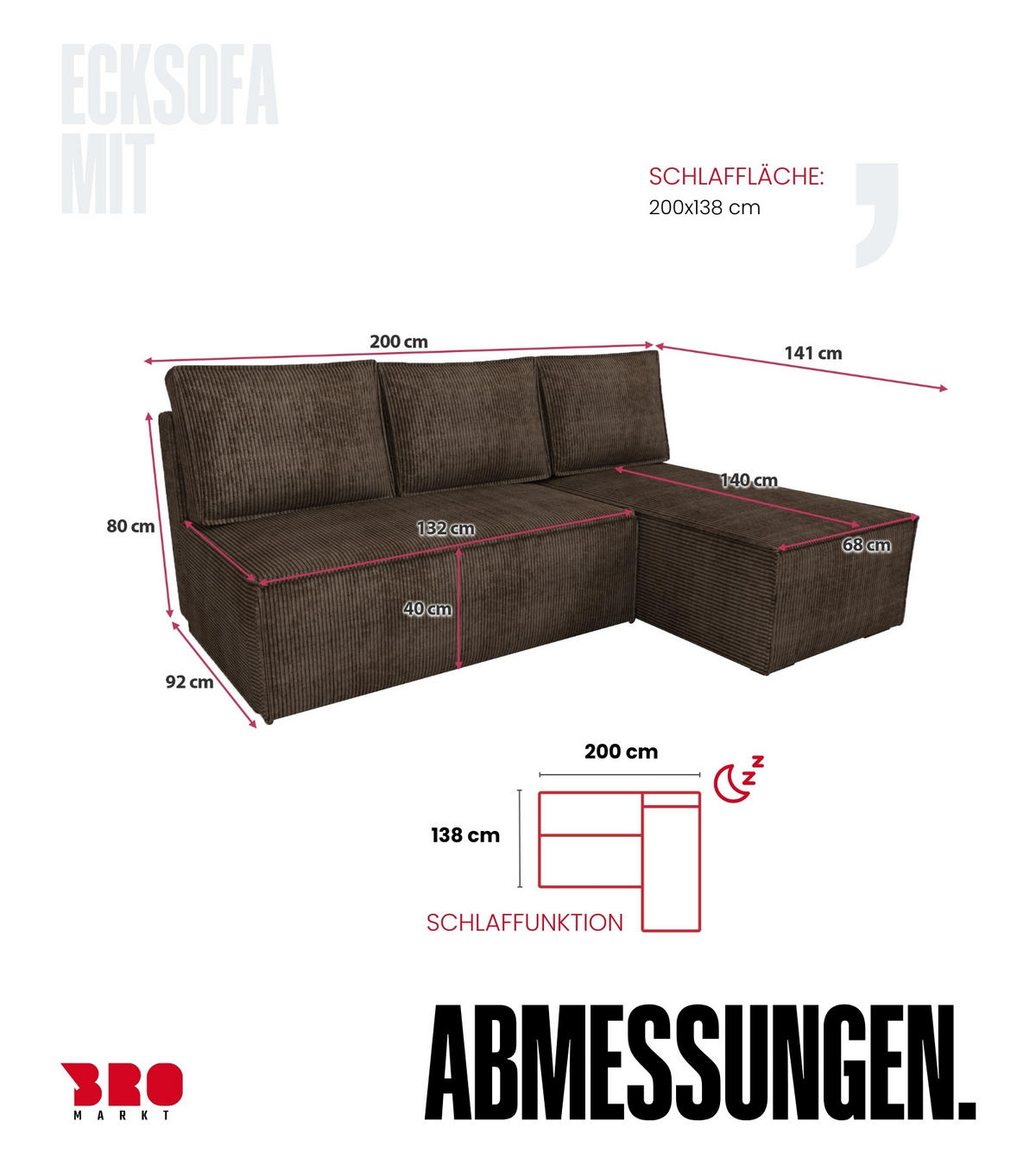 ECKSOFA Hector mit Schlaffunktion Braun Cord - Braun, Textil (200/141cm) - Bromarkt