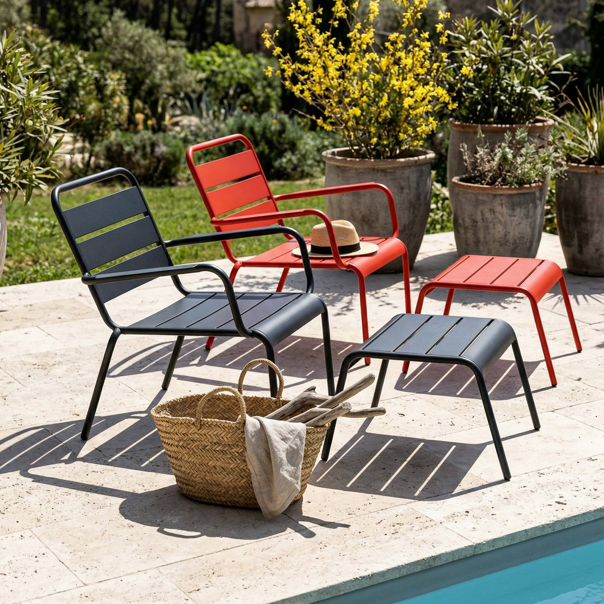RELAXSESSEL MIT HOCKER 2-tlg., Grau/Rot - Rot, Metall (64/72/60cm) - Oviala