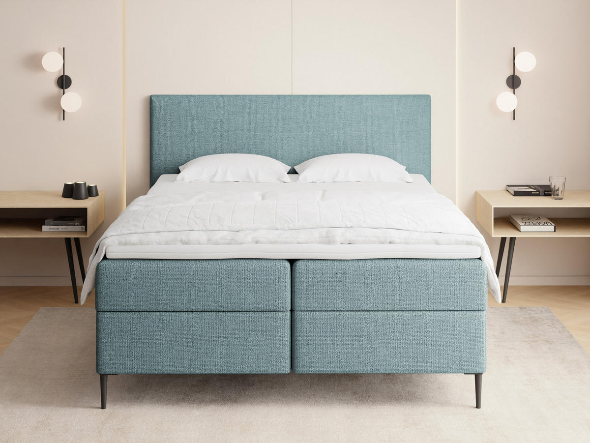 BOXBETT Alba Rise mit Bettkasten, Türkis Chenille 140x200 cm – inkl. H4 Taschenfederkern Matratze & Foam Topper - Türkis/Blau, Holz/Textil (140/200cm) - WFL GROUP