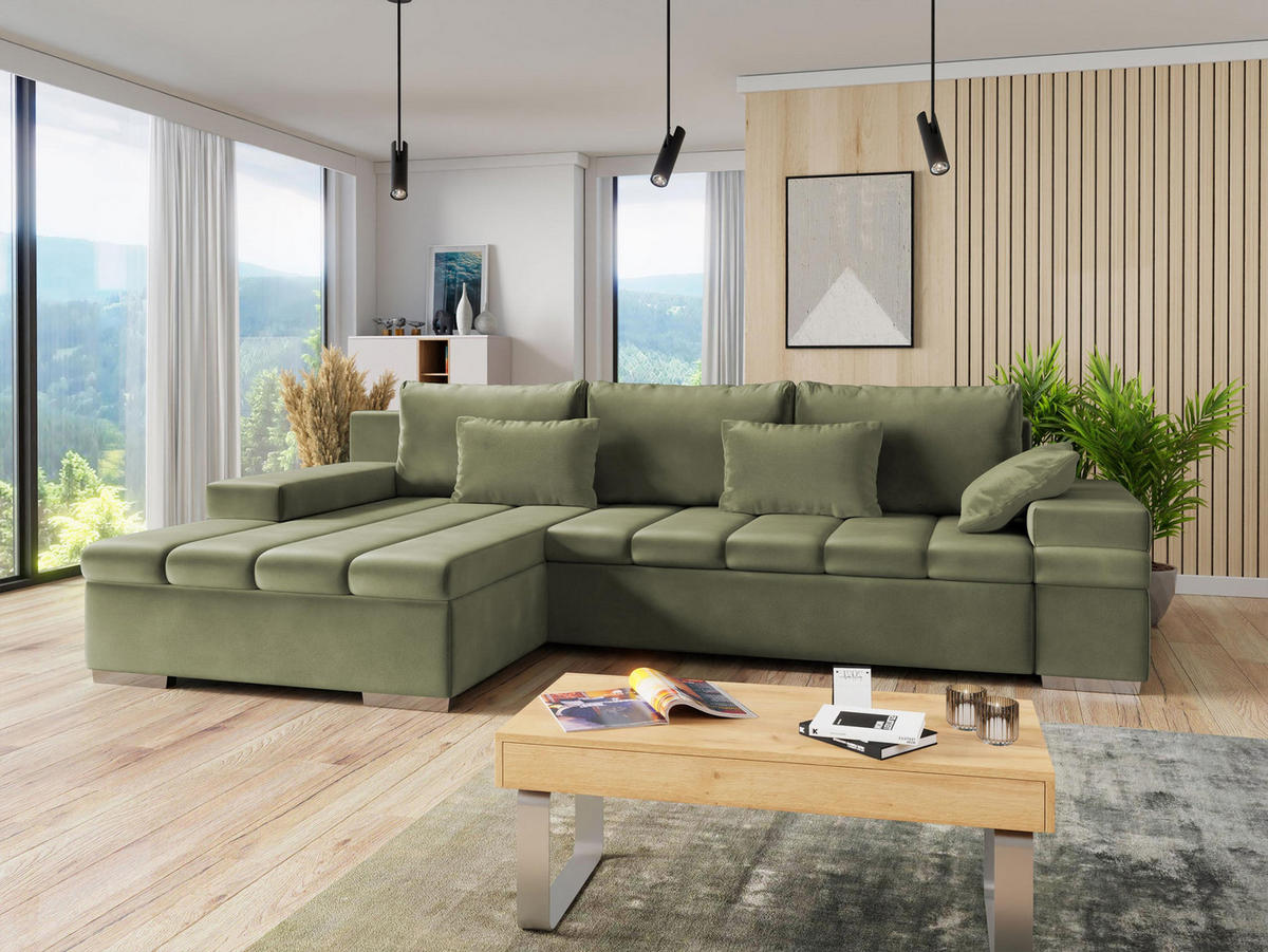 ECKSOFA Bangkok, Seite: Links - Silberfarben/Hellgrün, Holz/Textil (310/175cm) - MIRJAN24
