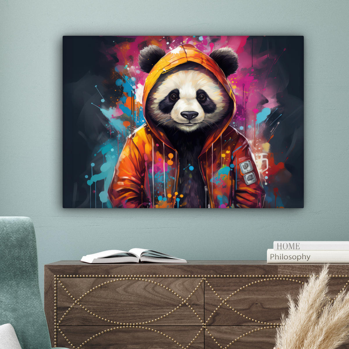 LEINWANDBILD Panda - Jacke - Graffiti - Orange Wandbilder 80x60 cm - Orange, Textil (80/60cm) - MuchoWow