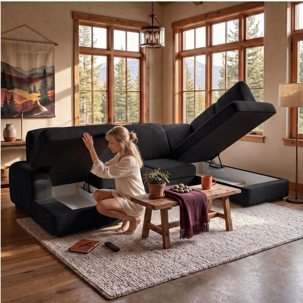 ECKSOFA VIBE U Rechts mit Schlaffunktion 129x263 Chenille Anthrazit - Anthrazit/Schwarz, Holz/Kunststoff (186/102/280cm) - Muffo