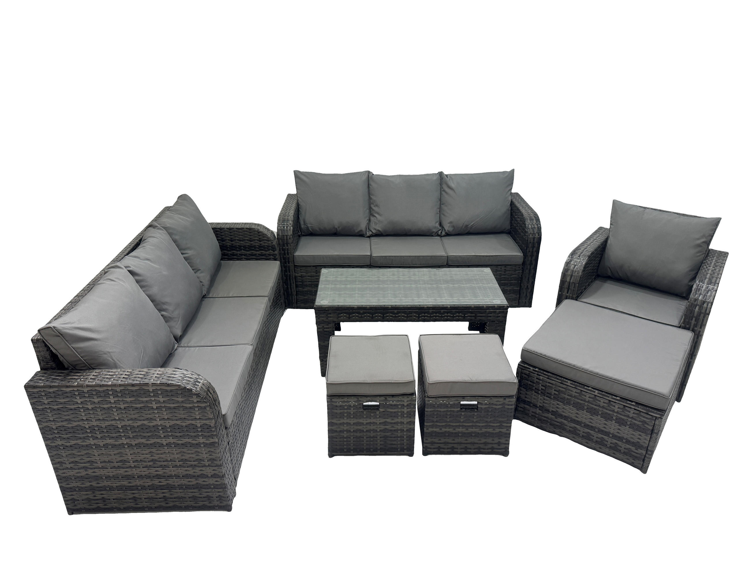 GARTENSOFA SET mit rechteckigem COUCHTISCH Polyrattan 10-Sitzer Dunkelgrau - Dunkelgrau/Grau, Glas/Kunststoff - Fimous