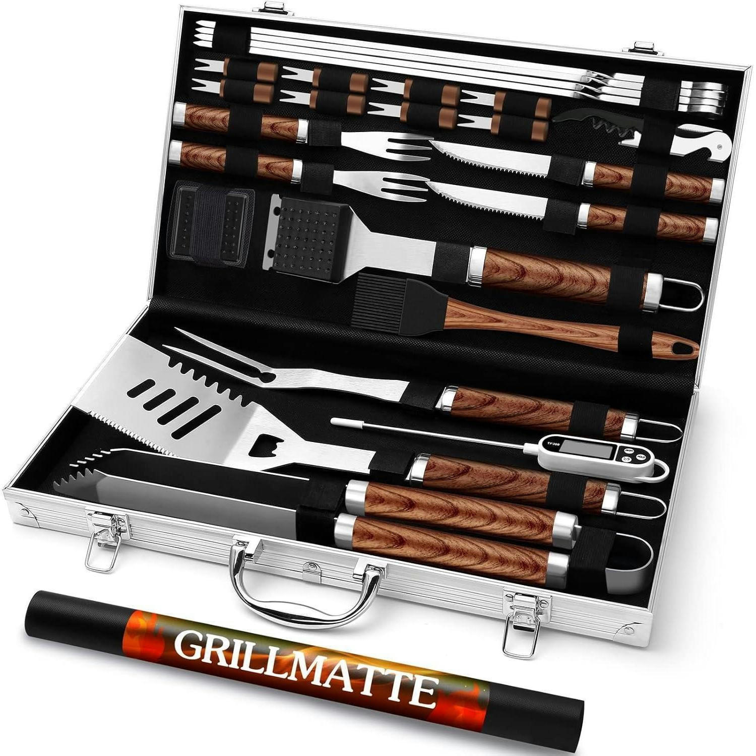 GRILLBESTECK 26-teiliges Set Edelstahl mit Koffer und Fleischthermometer - Braun, Metall (44.5cm)