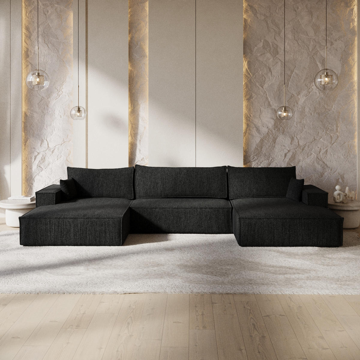 WOHNLANDSCHAFT NUBO mit Schlaffunktion Creme im Neve Stoff - Schwarz, Holz/Holzwerkstoff (398/70/148cm) - AltaBeds